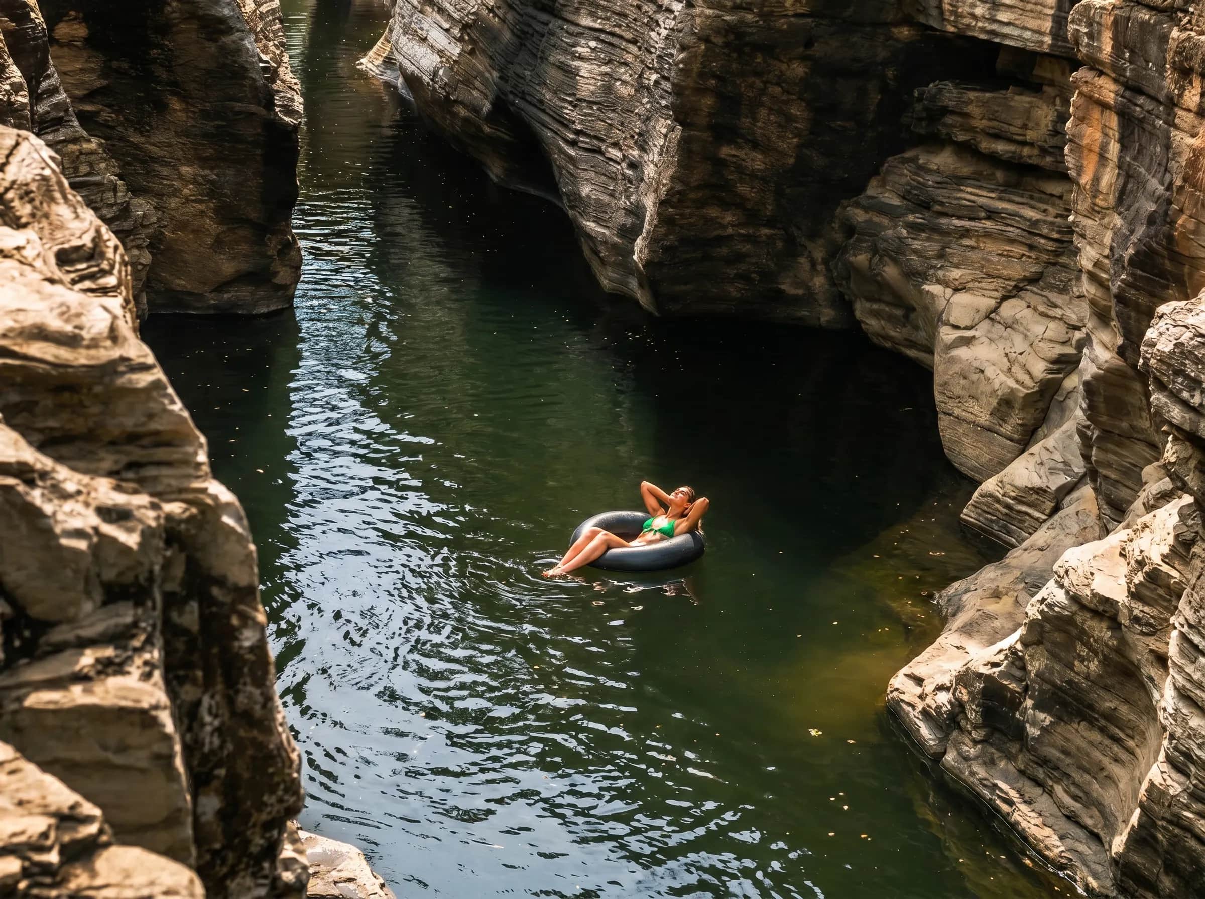 Mujer flotando en un neumático por el cañón de Chame