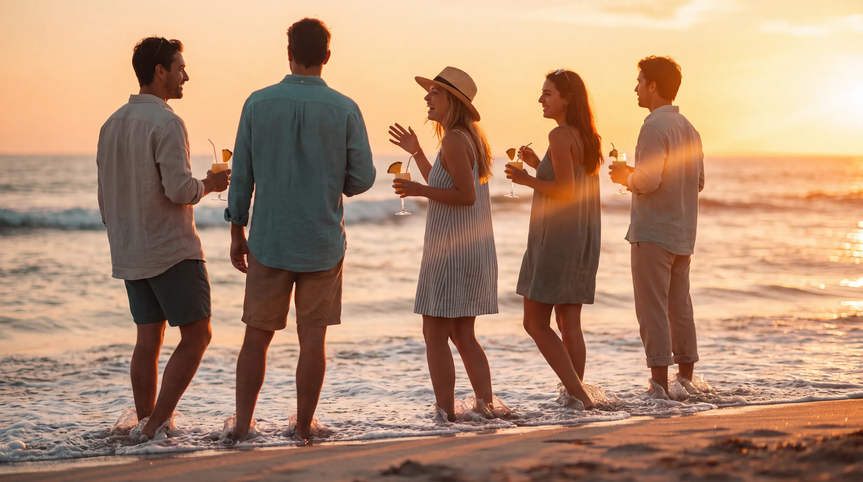 Grupo de amigos brindando con los pies en la orilla al atardecer