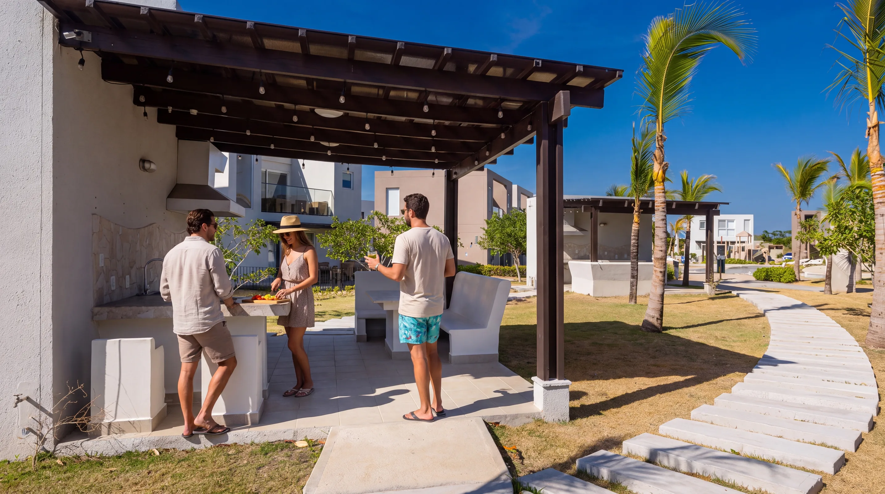 Cocina exterior bajo una pérgola de madera, preparada para un encuentro